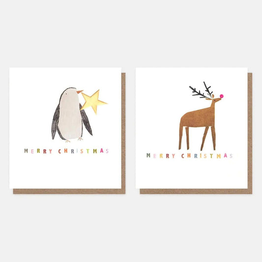 MDX043-Caroline G-Penguin W/Star & Reindeer Colourful Text Mixed Charity Pack-Xmas Card Pack-8 Pack 2 X 4 Designs
