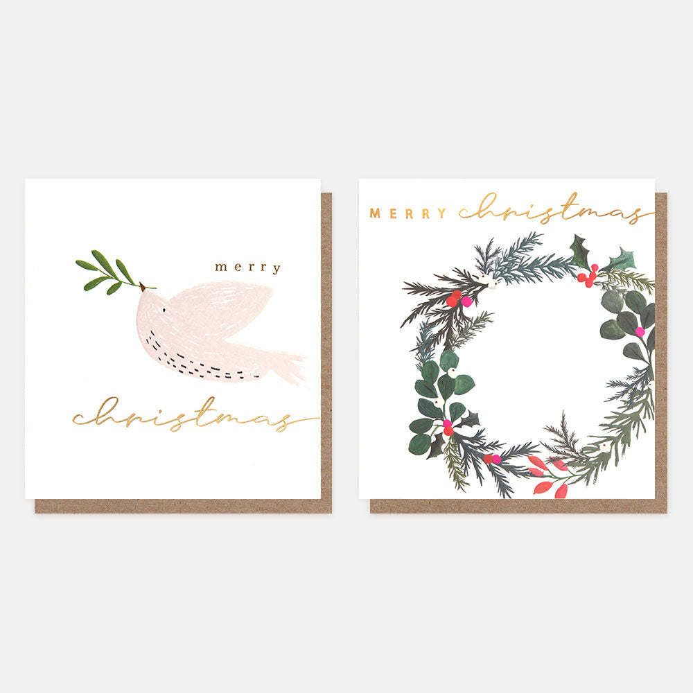 MDX038-Caroline G-Dove With Sprig & Foliage Wreath Mixed Charity 8 Pack-Xmas Card Pack-