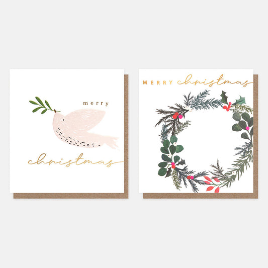 MDX038-Caroline G-Dove With Sprig & Foliage Wreath Mixed Charity 8 Pack-Xmas Card Pack-