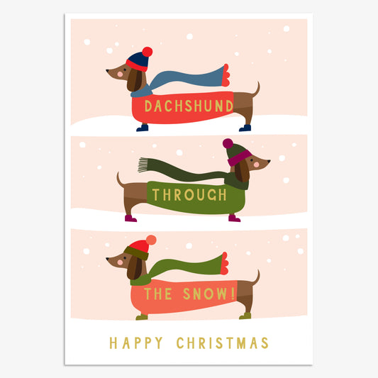 HJX009-Think of Me-Dachshund Through The Snow-Xmas Card-Holly Jolly