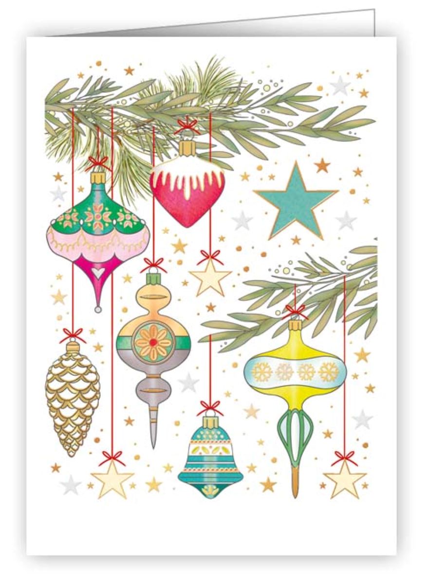6993-Quire-Christmas Ornaments Hanging From Branch-Xmas Mini Card-Mac Classic