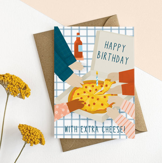 CDB007-Elsa Rose Frere-Birthday Pizza -Card-Denim Blue