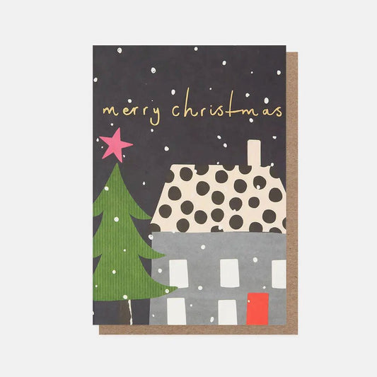 PQX203-Caroline G-Happy Christmas Collaged House & Tree-Xmas Card Pack-10 Pack Small Cards
