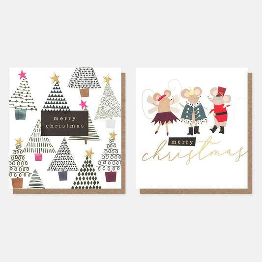 MDX045-Caroline G-Mixed Trees Pattern & Nutcracker Mice Mixed Charity Pack-Xmas Card Pack-8 Pack 2 X 4 Designs
