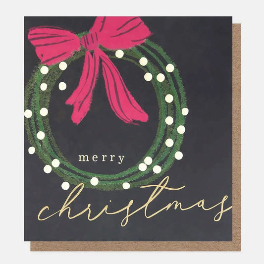 PNT615-Caroline G-Merry Christmas Circle Wreath With Pink Bow-Xmas Card Pack-8 Pack 1 Design