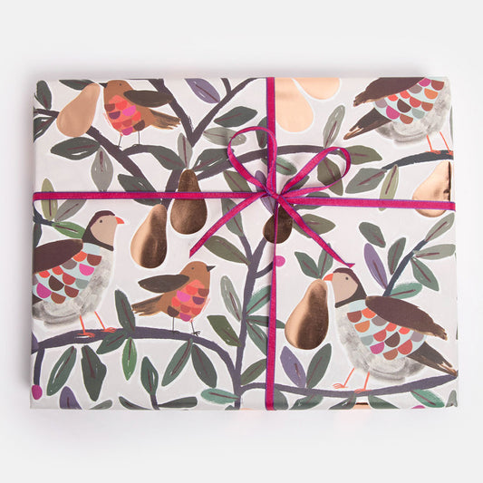 GXX374-Caroline G-Partridges Robins & Pears Rose Gold Full Foil Flat Wrap-Xmas Wrap-