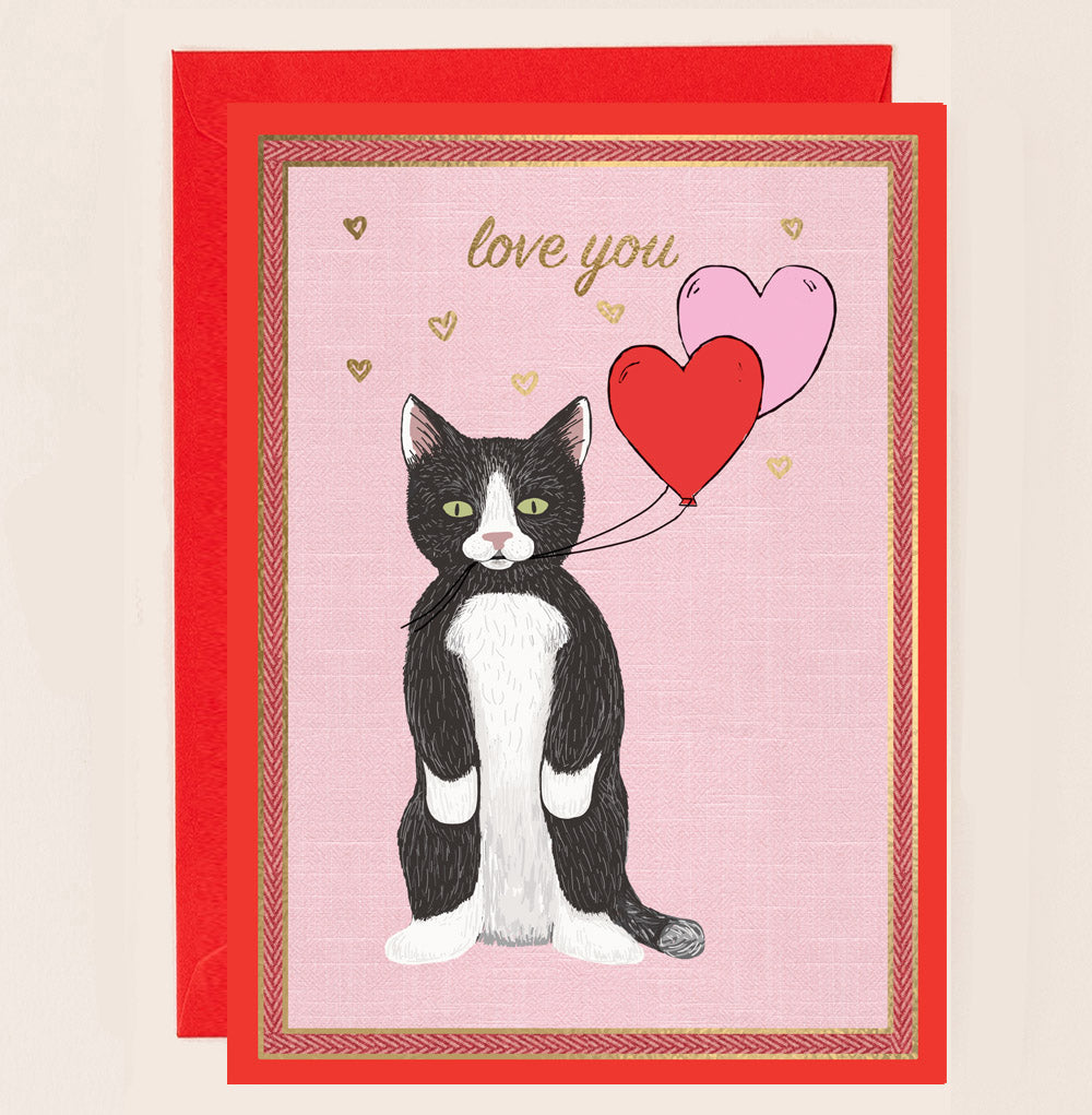 OB007-Apple & Clover-Valentines Black And White Cat Gold Foiled-Card-