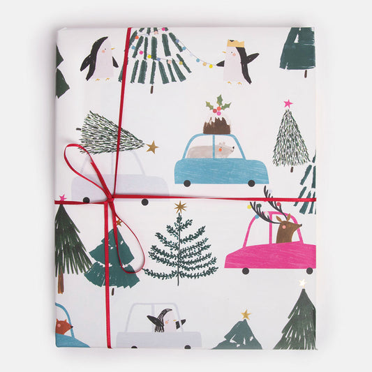 GXL379-Caroline G-Animals In Cars Festive Scene Flat Wrap-Xmas Wrap-