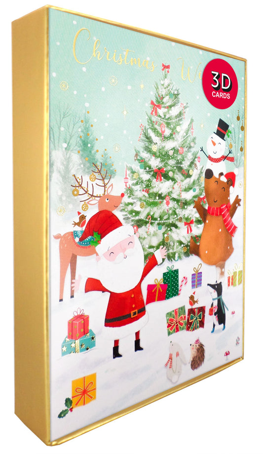 XHH001-Second Nature-Santa & Animals With Tree 3D (5Pck)-Xmas Card Pack-Happy Holidays