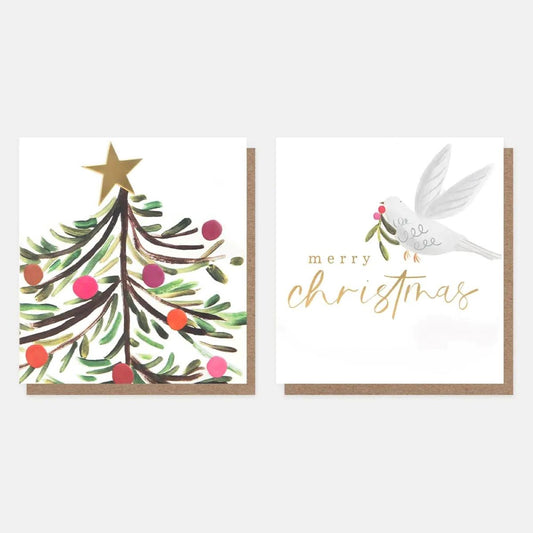 MDX041-Caroline G-Painted Tree Top & Dove With Sprig Mixed Charity Pack-Xmas Card Pack-8 Pack 2 X 4 Designs