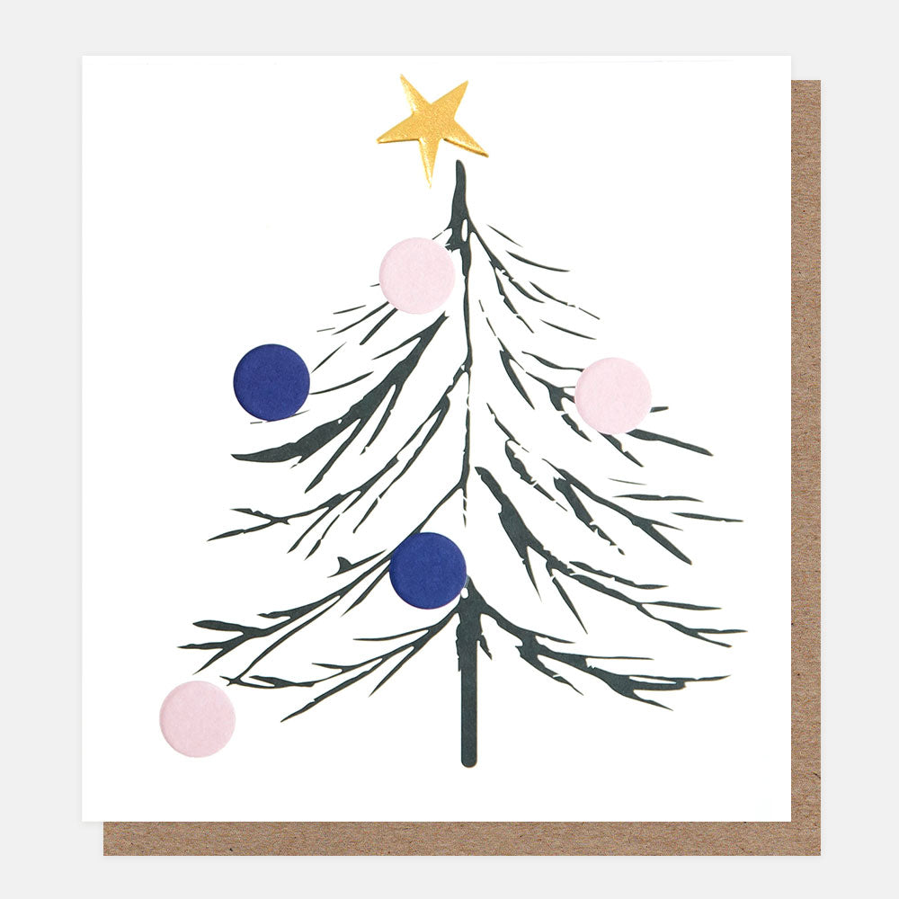 PNT608-Caroline G-Mono Sketchy Tree With Blue And Lilac Baubles 8 Pck-Xmas Card Pack-