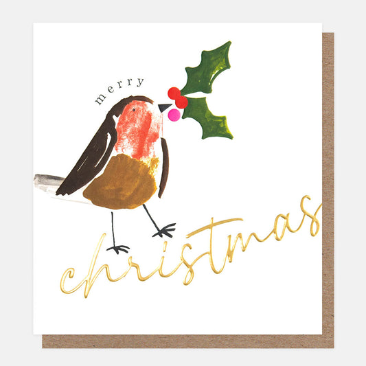 PNT605-Caroline G-Merry Christmas Painted Robin With Holly 8Pck-Xmas Card Pack-