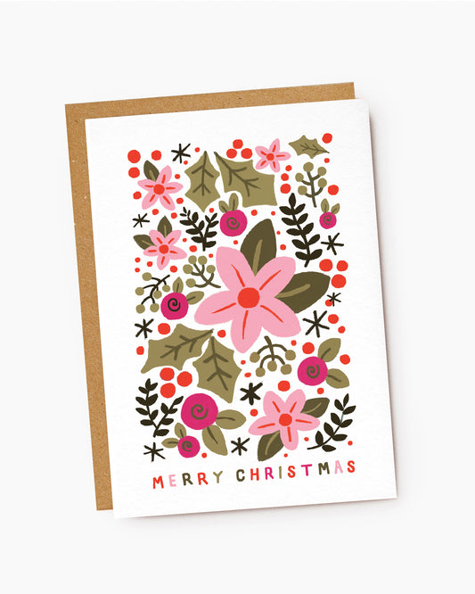 MX089-Jade Fisher-Posy-Merry Christmas Pink Festive Flowers-Xmas Card-Christmas