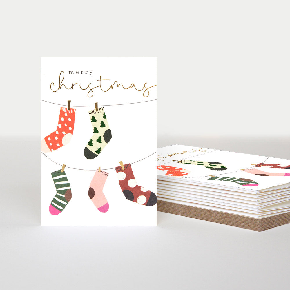 PQX195-Caroline G-Merry Christmas Patterned Socks On Line 10 Pck-Xmas Card Pack-