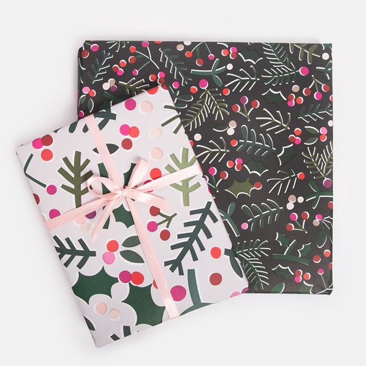 GXD381-Caroline G-Graphic Foliage & Holly Double Sided Flat Wrap-Xmas Wrap-