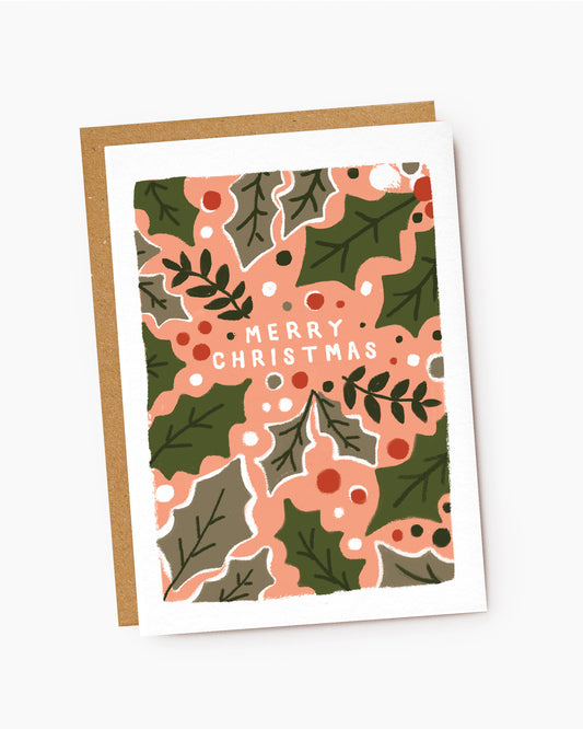 JX231-Jade Fisher-Sprig-Merry Christmas Pink Holly Leaves-Xmas Card-Christmas