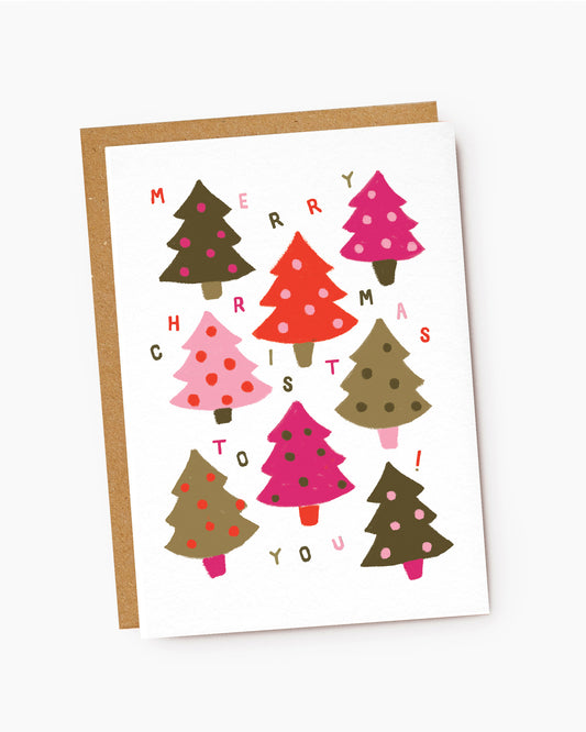 MX082-Jade Fisher-Grove-Merry Christmas To You Pink & Green Trees-Xmas Card-Christmas