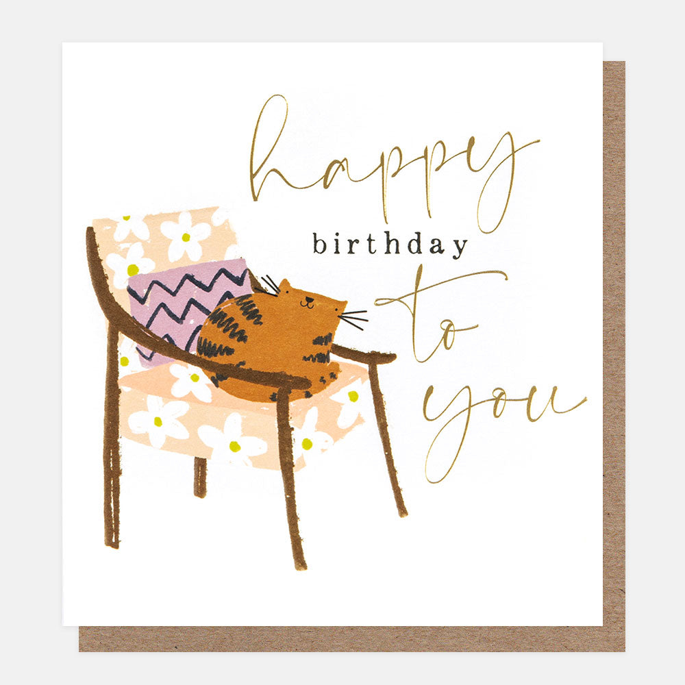 JFN005-Caroline G-Happy Birthday To You Cat On Flower Chair-Card-Joyful Notes