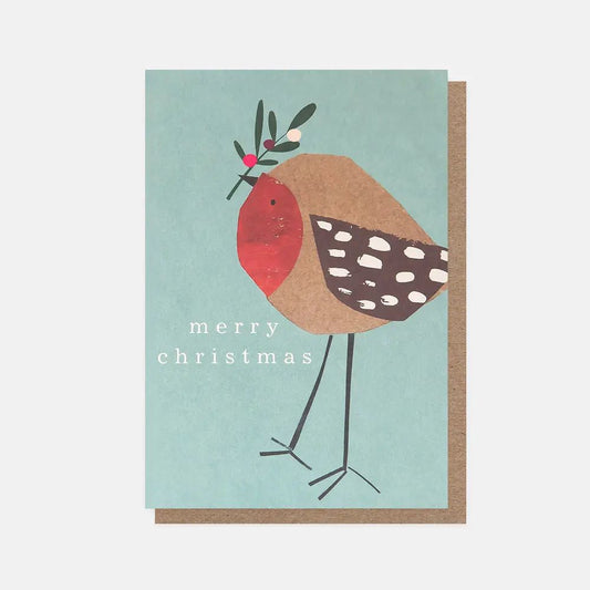PQX201-Caroline G-Merry Christmas Collaged Robin-Xmas Card Pack-10 Pack Small Cards