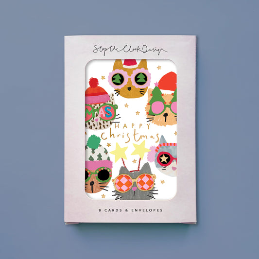 FEP003-Stop The Clock-Card Pack Of 8- Christmas Cats-Xmas Card Pack-