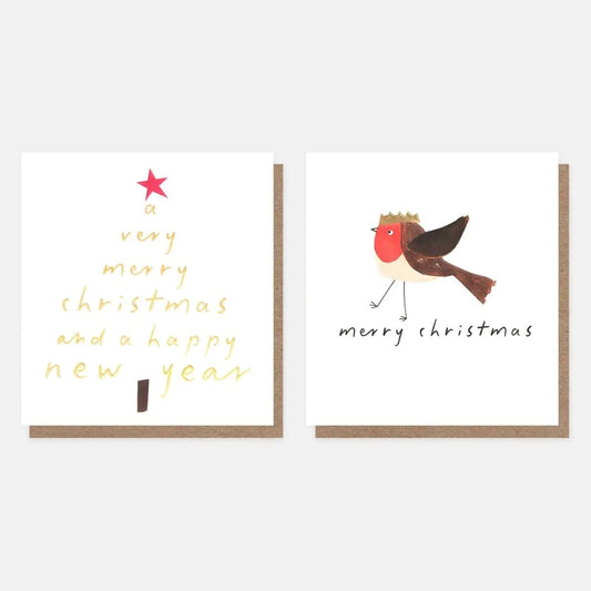 MDX046-Caroline G-Gold Script Tree & Robin In Crown Mixed Charity Pack-Xmas Card Pack-8 Pack 2 X 4 Designs