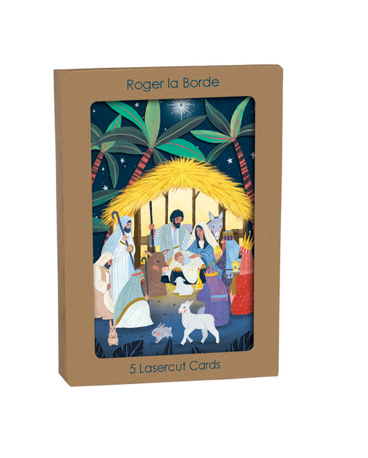GCX1070P-Roger La B-Away In A Manger Lasercut Card 5 Pack-Xmas Card Pack-Lasercut Cards