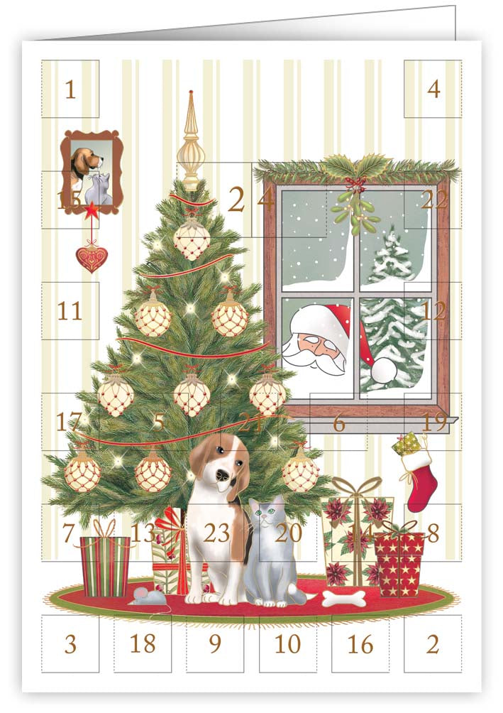 6382-Quire-Cat + Dog In Front Of Christmas Tree-Xmas Card-Advent Calendar