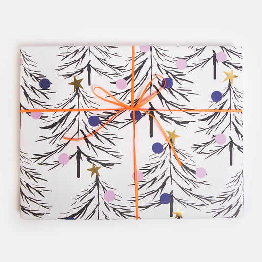 GXL376-Caroline G-Sketchy Trees With Baubles Foil Flat Wrap-Xmas Wrap-