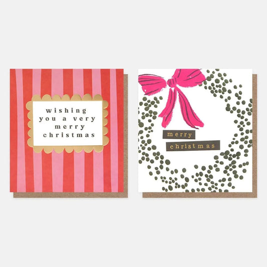 MDX042-Caroline G-Pink/Red Stripe & Dotty Wreath With Bow Mixed Charity Pack-Xmas Card Pack-8 Pack 2 X 4 Designs