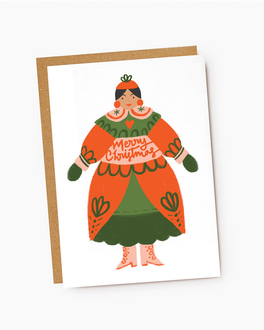 CX244-Jade Fisher-Merry Christmas Folk Lady-Xmas Card-Christmas