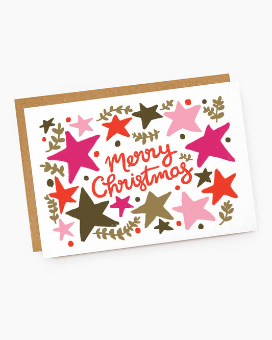 MX083-Jade Fisher-Venus-Merry Christmas Pink & Green Stars-Xmas Card-Christmas