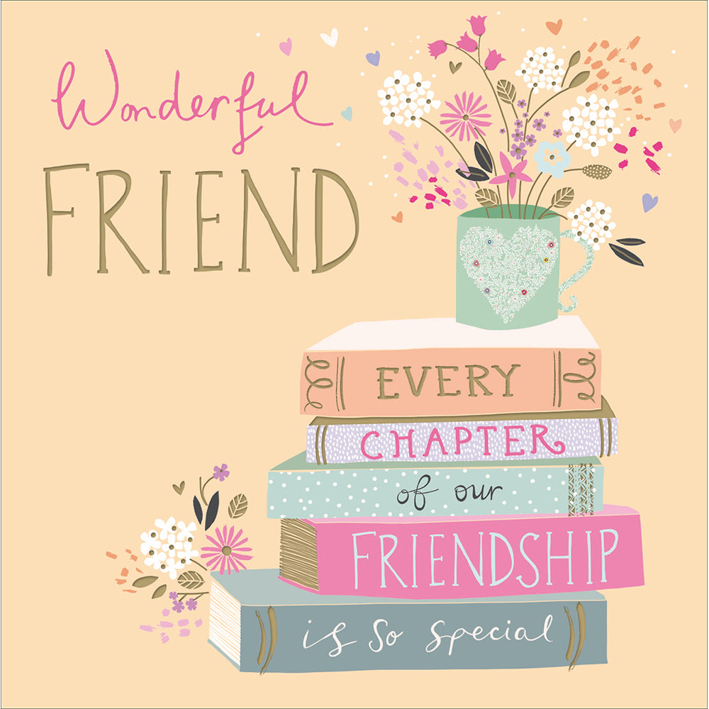 622304-Woodmansterne-P Cardsngl Peach Spfriend Stack Of Books-Card-Peach & Proseco