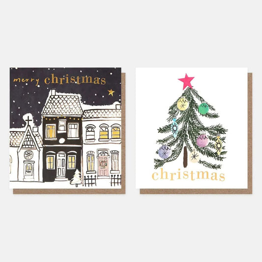 MDX044-Caroline G-Street Scene & Tree W/ Painted Baubles Mixed Charity Pack-Xmas Card Pack-8 Pack 2 X 4 Designs