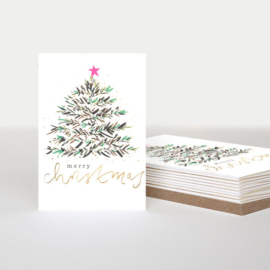 PQX189-Caroline G-Merry Christmas Painted Tree With Gold Snow 10 Pck-Xmas Card Pack-