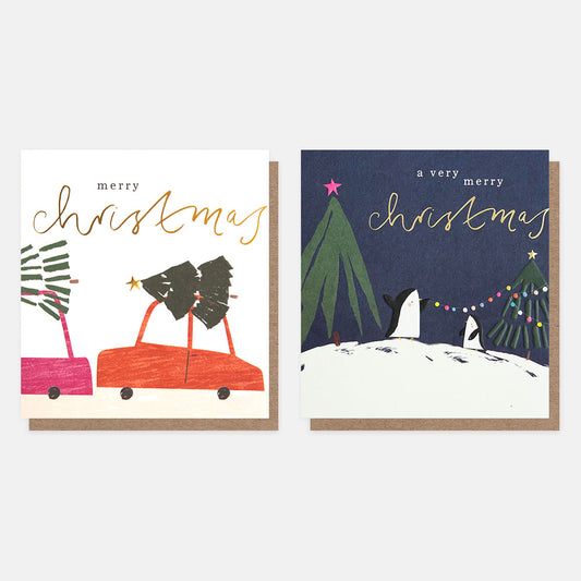 MDX035-Caroline G-Car With Tree & Penguin Snow Scene Mixed Charity 8Pack-Xmas Card Pack-