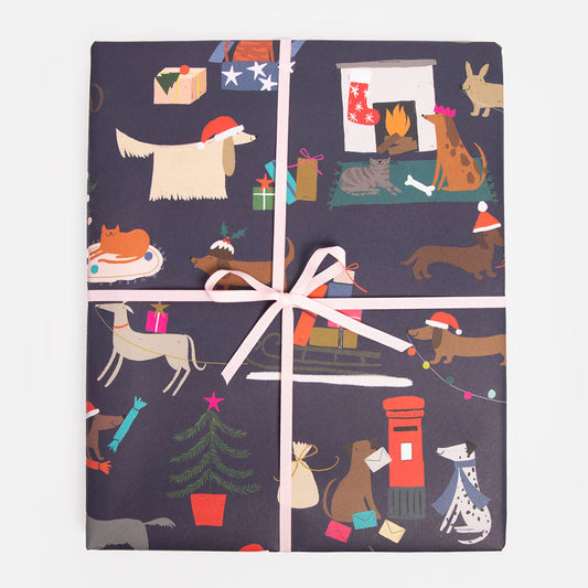 GXE378-Caroline G-Festive Dogs And Cats Navy Flat Wrap-Xmas Wrap-