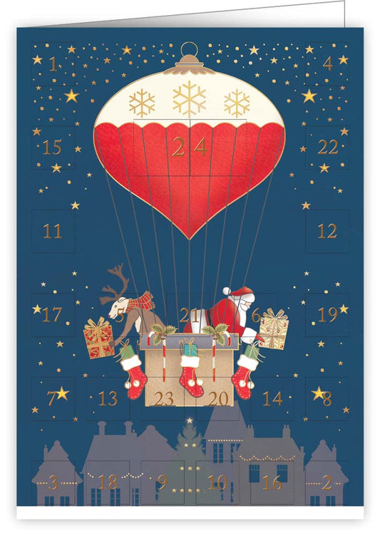 6386-Quire-Santa + Reindeer In Hot Air Balloon-Xmas Card-Advent Calendar