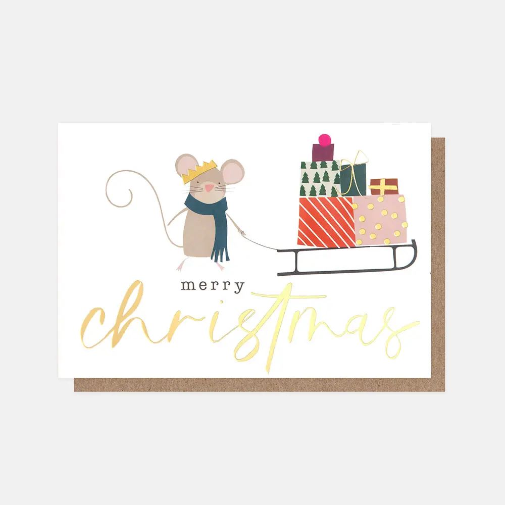 PQX209-Caroline G-Merry Christmas Mouse With Sleigh-Xmas Card Pack-10 Pack Small Cards