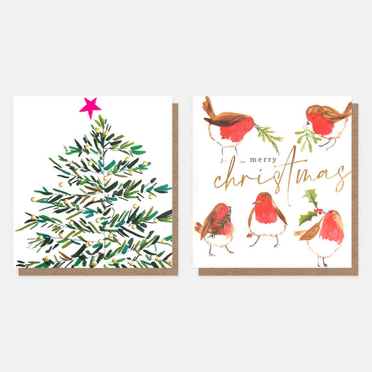 MDX029-Caroline G-Painted Tree & Robins Mixed Charity 8 Pack-Xmas Card Pack-