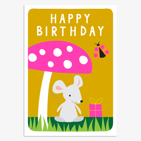 KIN044-Think of Me-Happy Birthday Mouse And Toadstool-Card-Kind