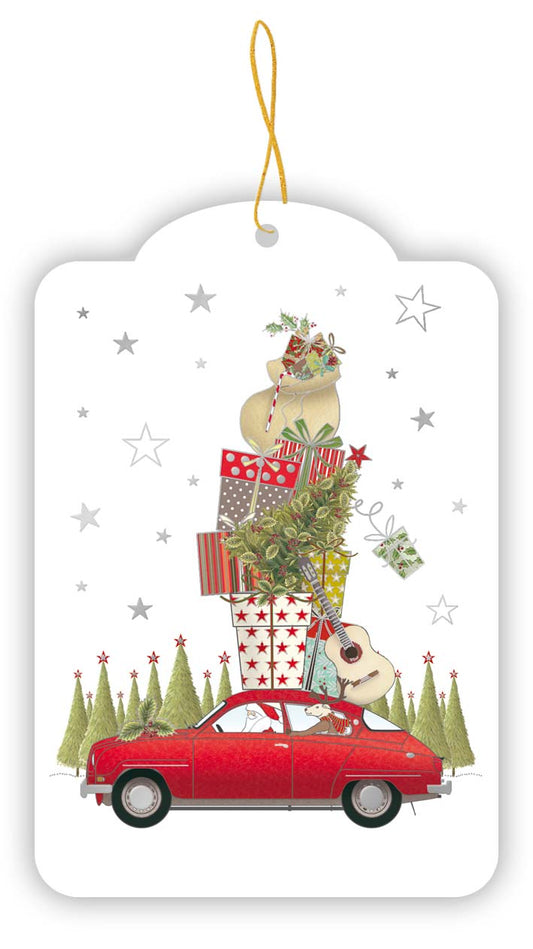 0848-Quire-Santa In Car With Presents-Xmas Gift Tags-Gift Tag 5 Pack