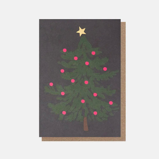 PQX204-Caroline G-Painted Tree With Pink Baubles On Navy-Xmas Card Pack-10 Pack Small Cards