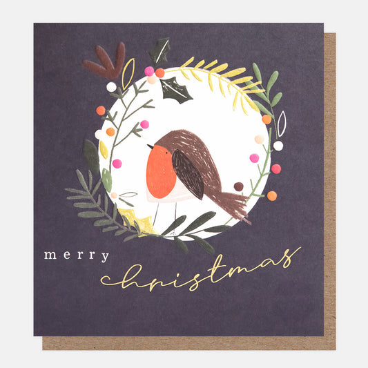 PNT611-Caroline G-Merry Christmas Robin In Wreath On Navy 8 Pck-Xmas Card Pack-