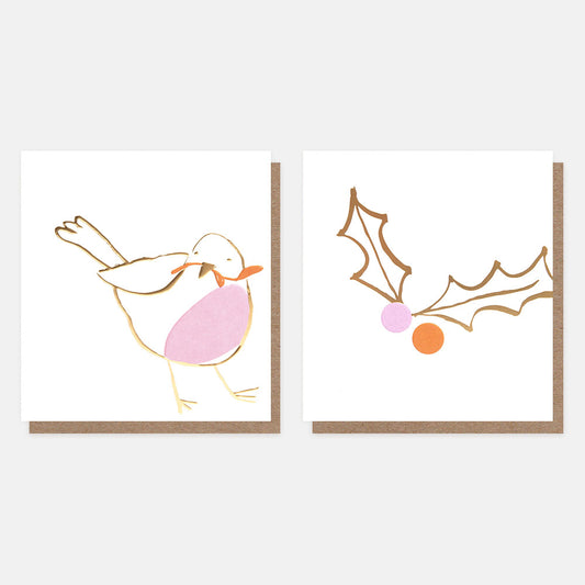 MDX036-Caroline G-Gold And Lilac Robin & Holly Mixed Charity 8 Pack-Xmas Card Pack-