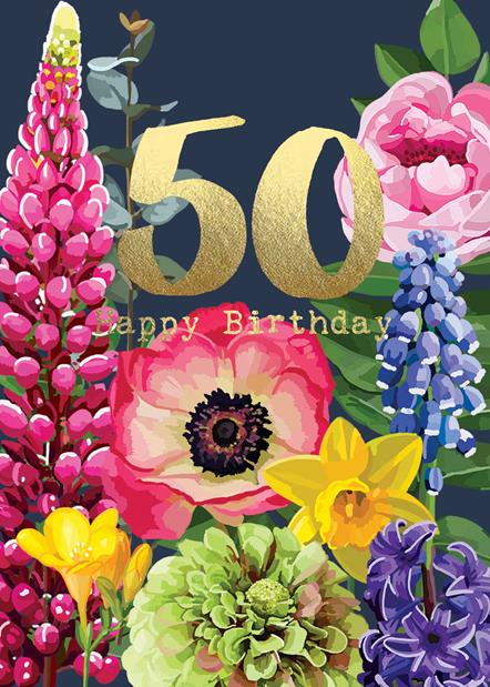 FF053H Sarah Kelleher Card 50 Happy Birthday Fabulous Foils