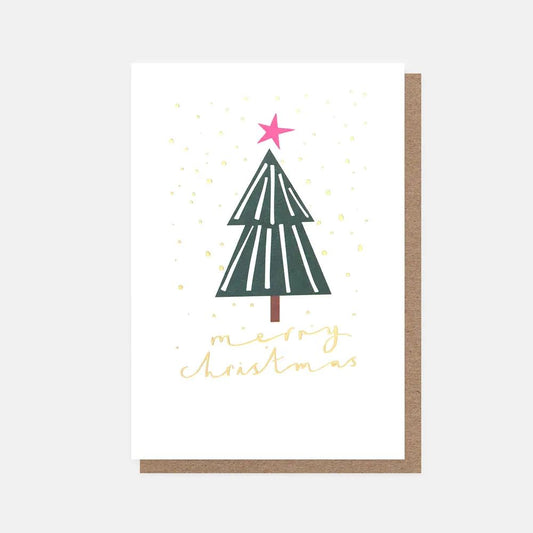 PQX208-Caroline G-Merry Christmas Geometric Tree Gold Snow-Xmas Card Pack-10 Pack Small Cards
