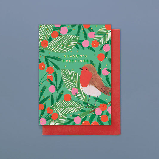 HLC049-Stop The Clock-Card Pack Of 8- Robin In Berries-Xmas Card Pack-Happy Little Christmas Pack