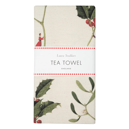 HC038-Laura Stoddart-Holly & Mistletoe-Xmas Tea Towel-Christmas Tea Towel